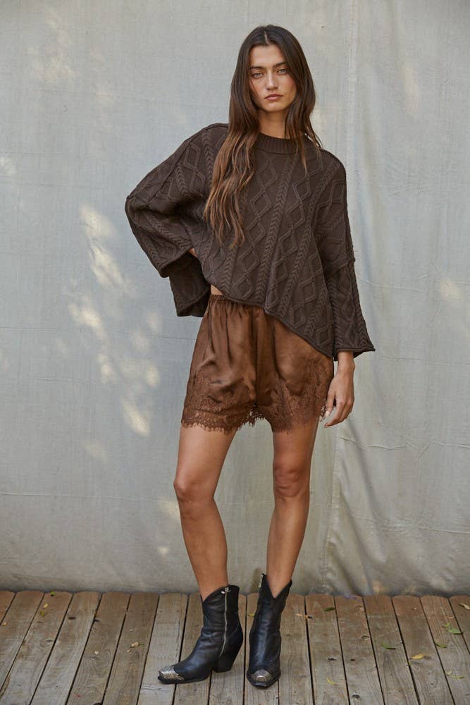 W2280 | Knit Cable Sweater Cotton 3/4 Sleeve Pullover
